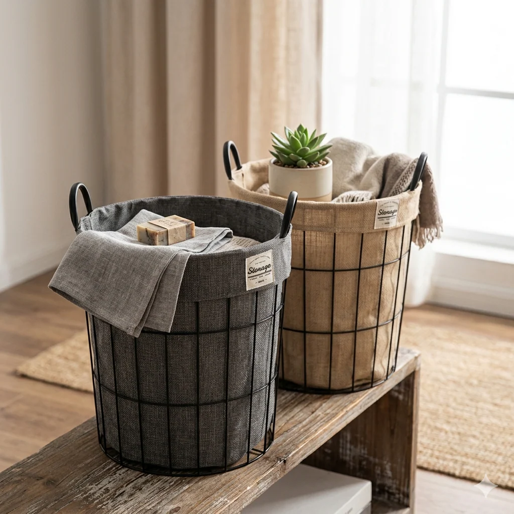 Metal Wire Storage Basket with Fabric Lining - Image 2