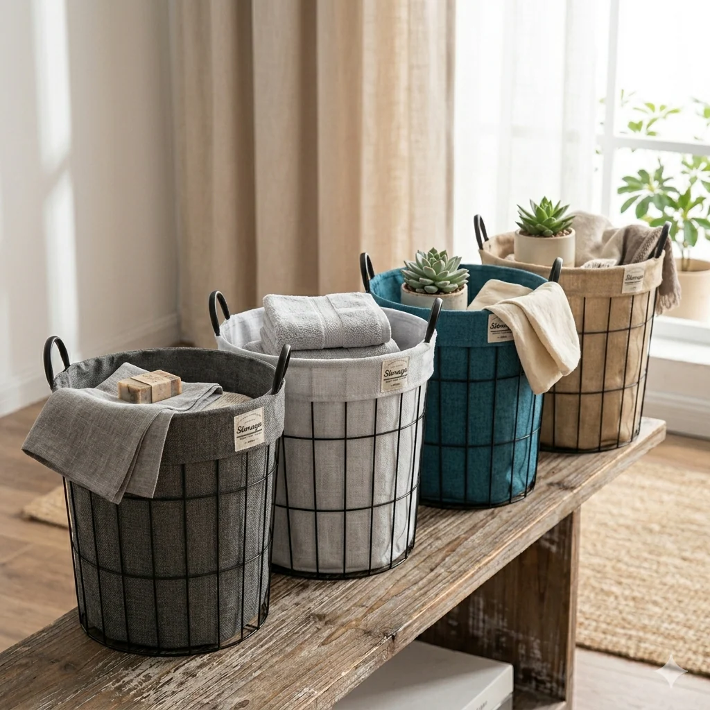 Metal Wire Storage Basket with Fabric Lining - Image 3