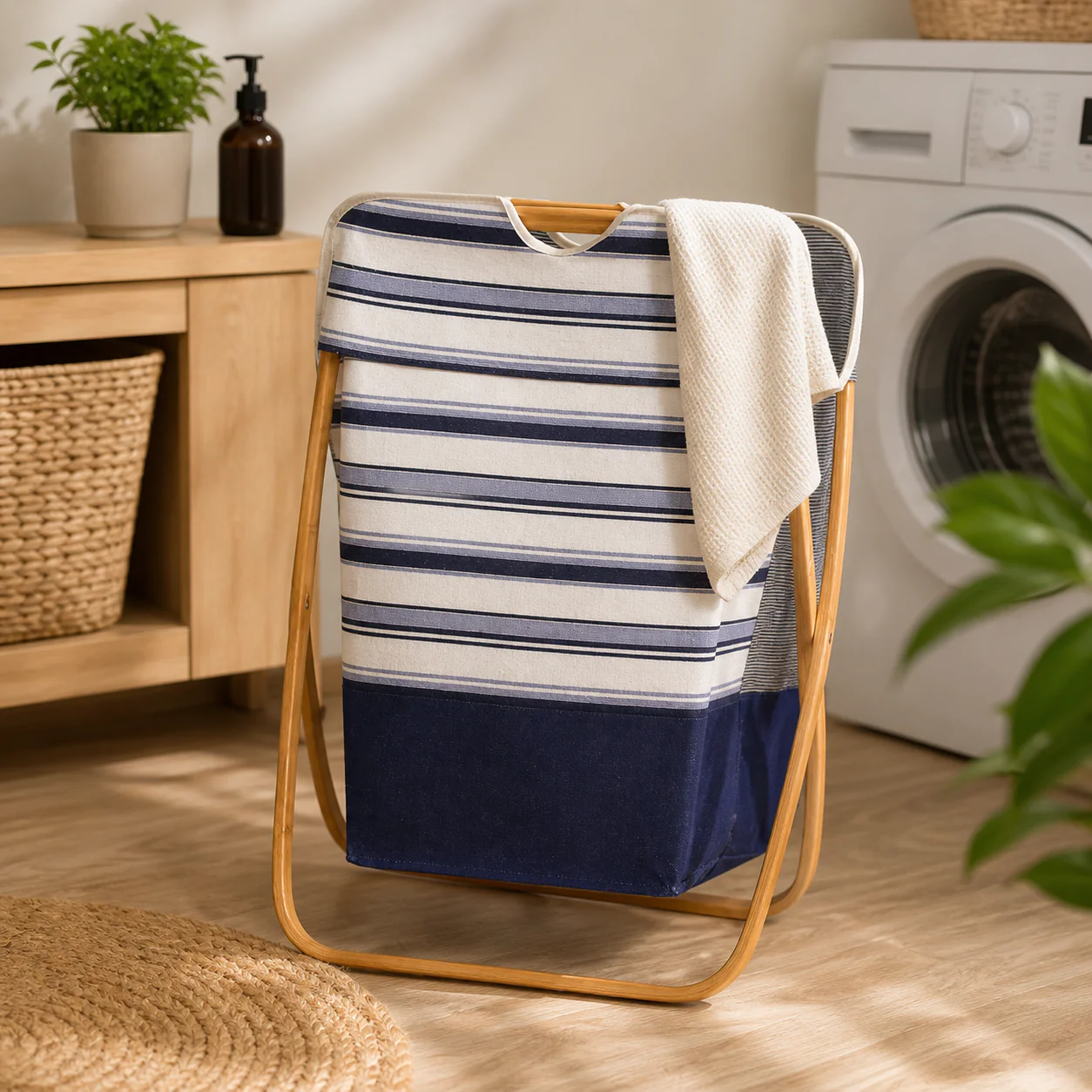 Foldable Fabric Laundry Basket with Wooden Frame - Image 2
