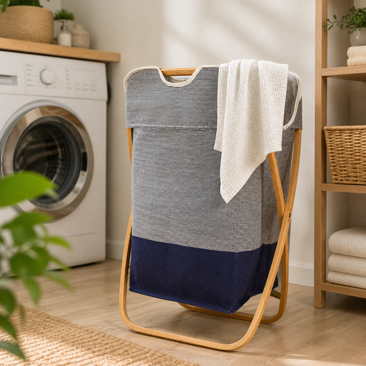 Foldable Fabric Laundry Basket with Wooden Frame - Image 3