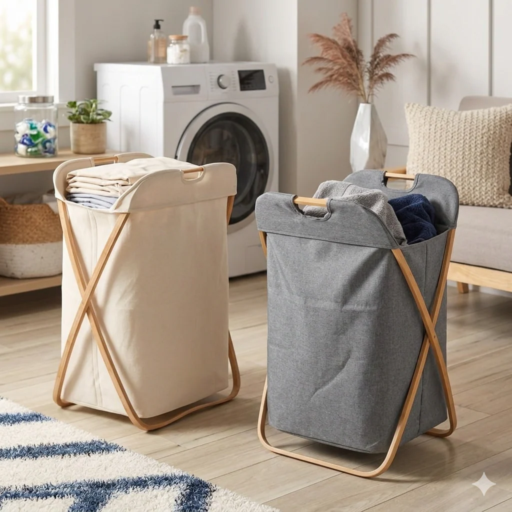 Basic Foldable Fabric Laundry Basket with Wooden Frame - Image 2