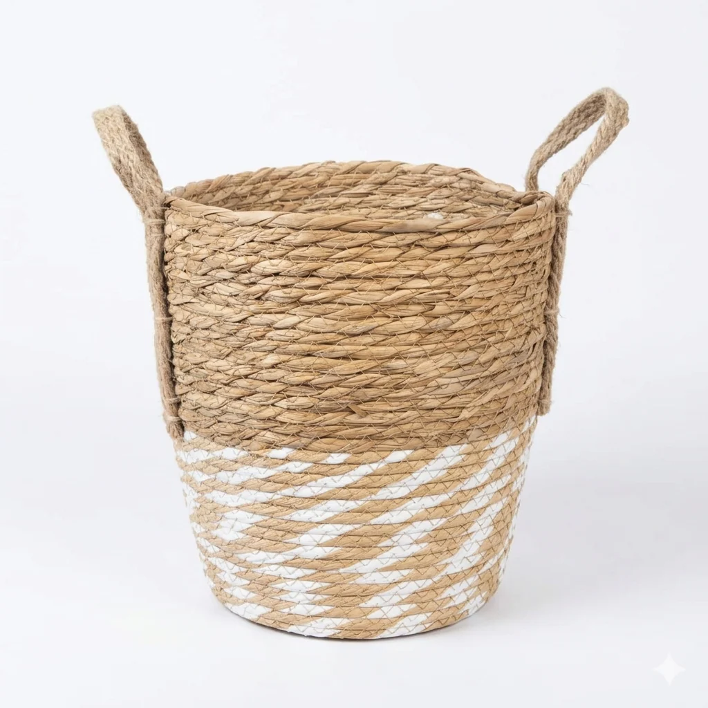 Handwoven Two-Tone Round Storage Basket with Handles - Image 2