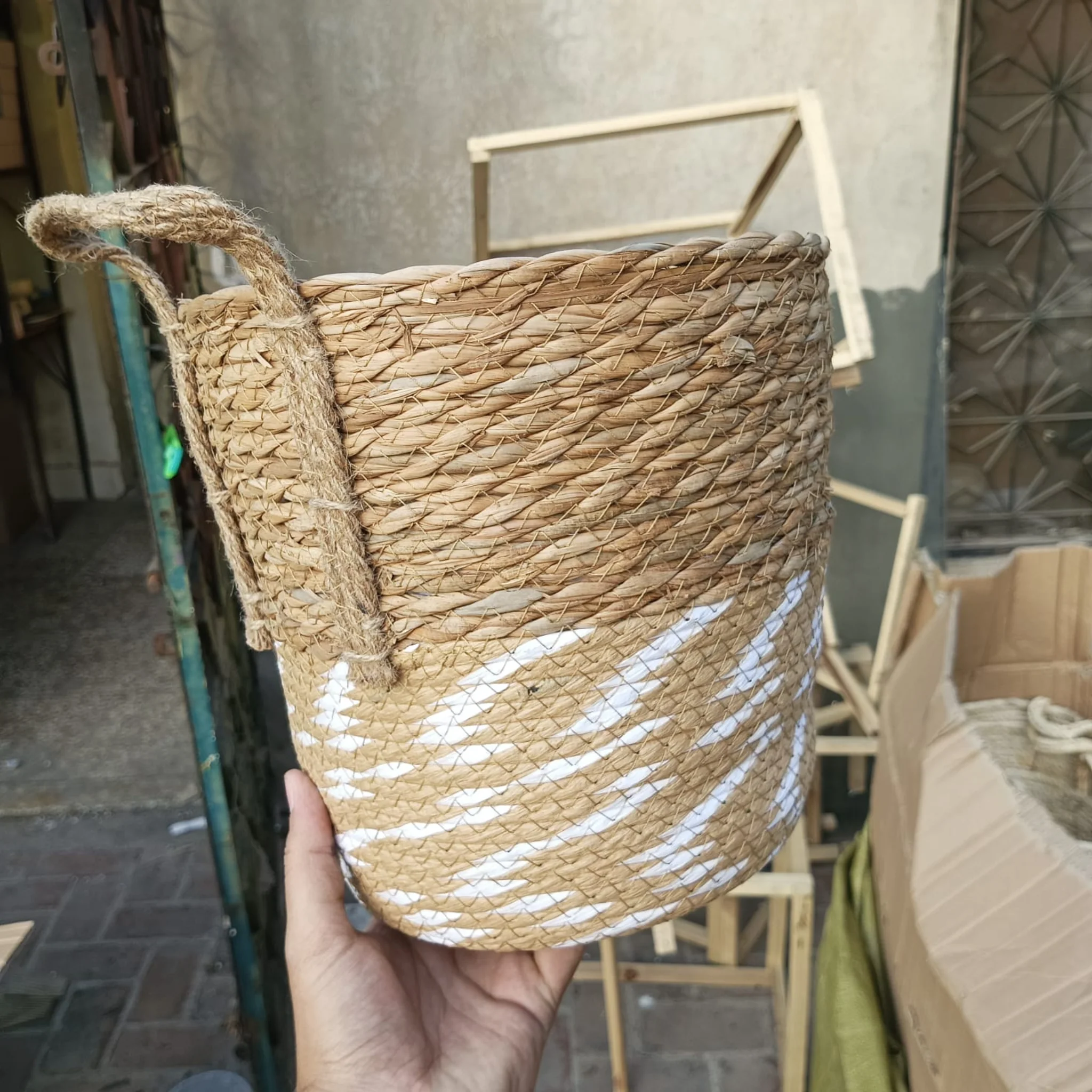 Handwoven Two-Tone Round Storage Basket with Handles - Image 3