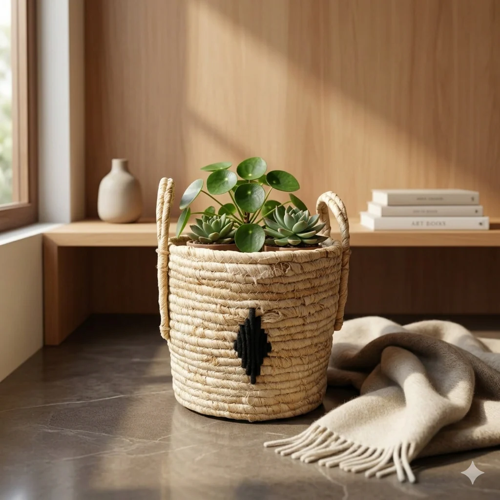 Boho Pattern Woven Storage Basket with Handles - Image 3