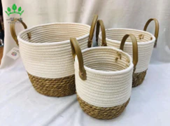 White & Natural Organizer Basket with Leather Handles - Image 3