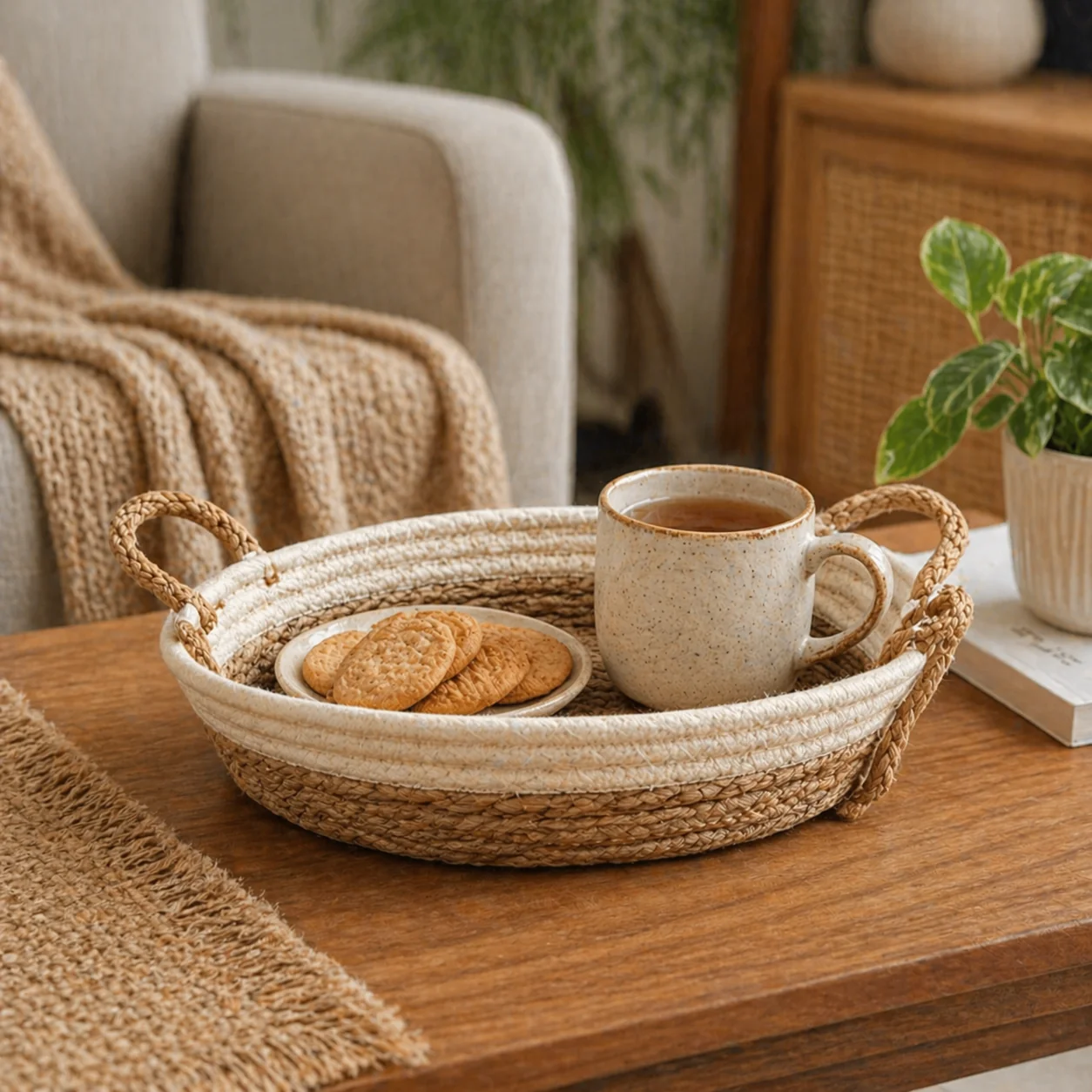 Handwoven Serving Tray with Handles - Image 3