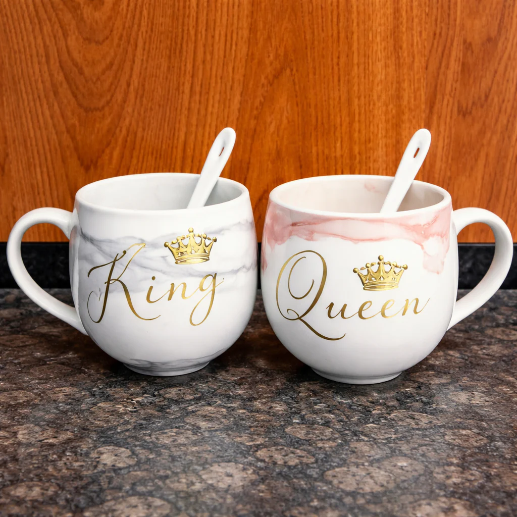 King & Queen Marble-Style Couple Mug Set - Image 2