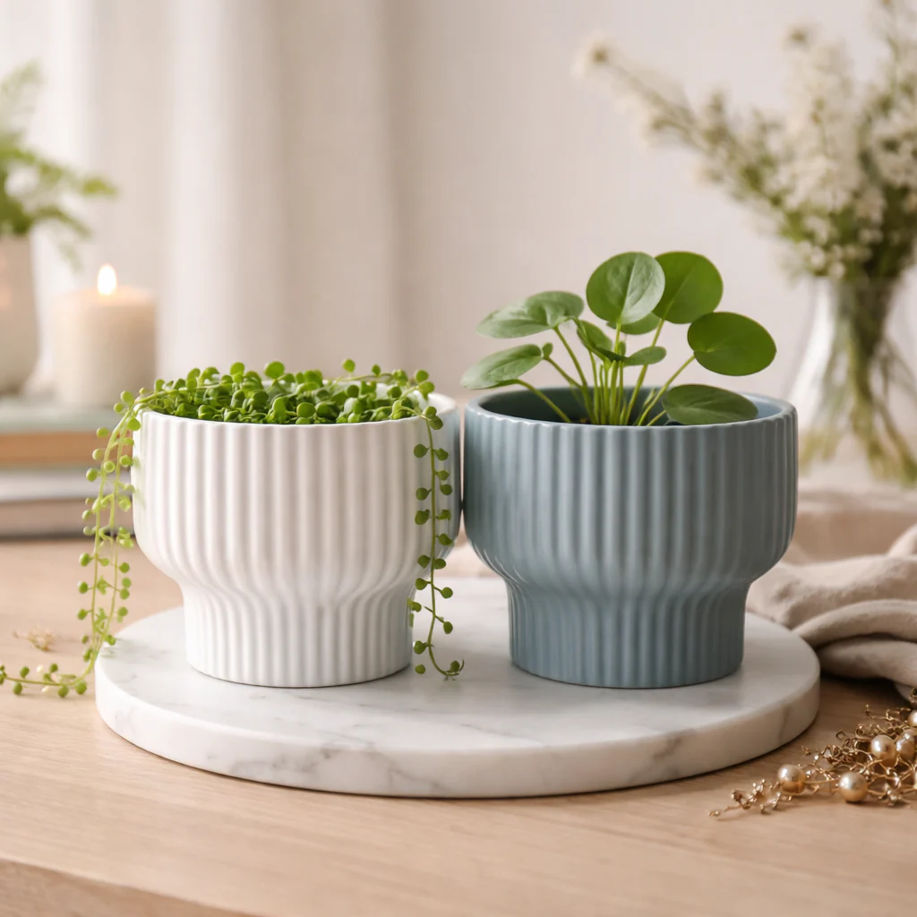 Modern Ribbed Ceramic Planter Pot with Stand Base - Image 2