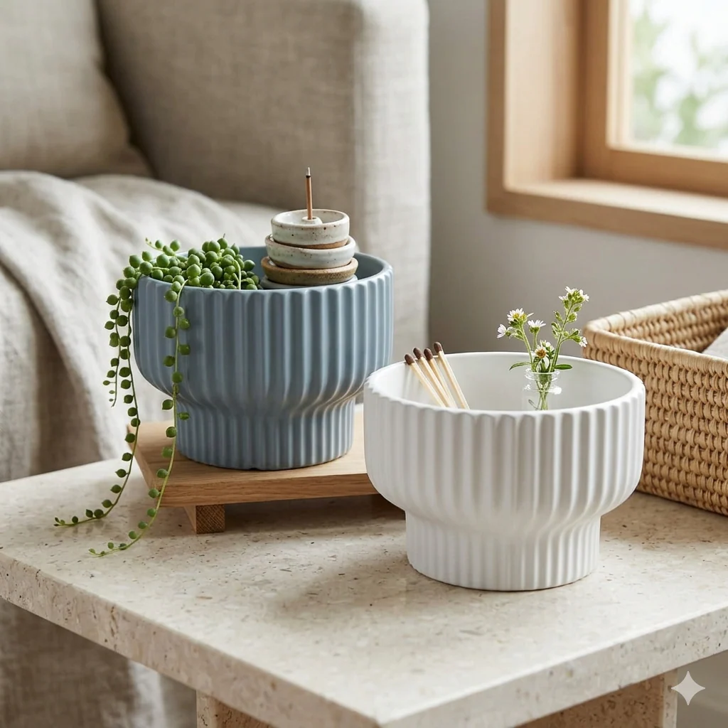 Modern Ribbed Ceramic Planter Pot with Stand Base - Image 5