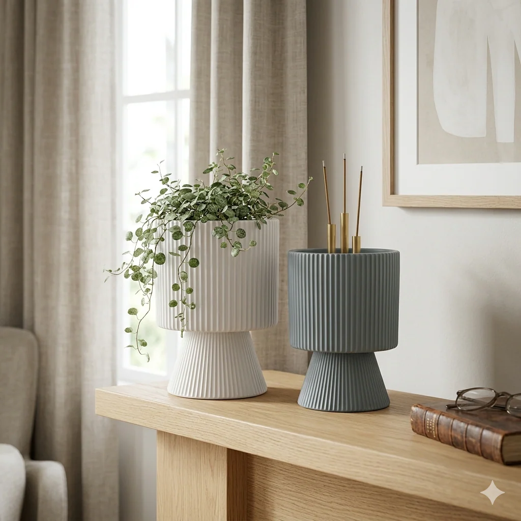 Tall Ribbed Ceramic Planter Pot with Pedestal Base - Image 2
