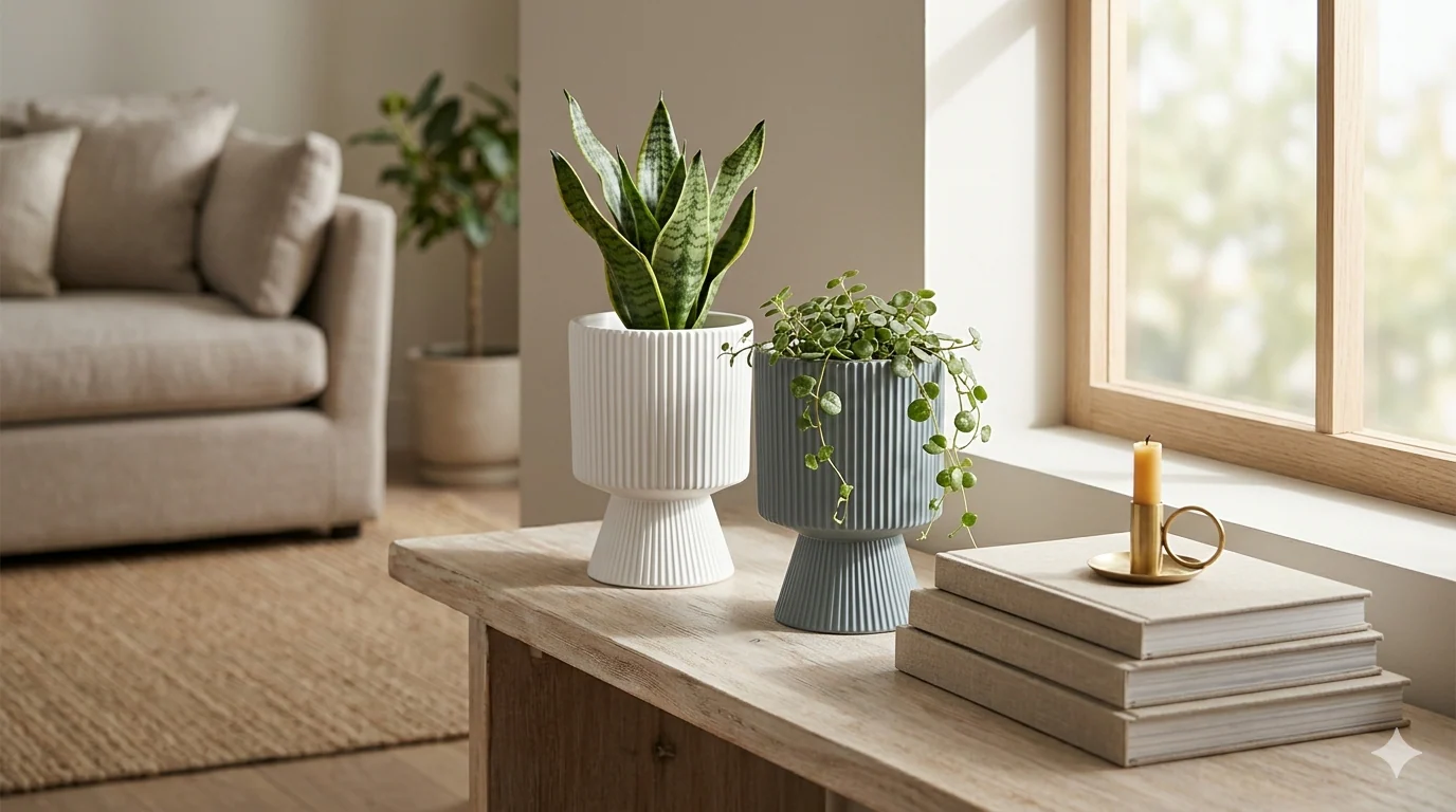 Tall Ribbed Ceramic Planter Pot with Pedestal Base - Image 5