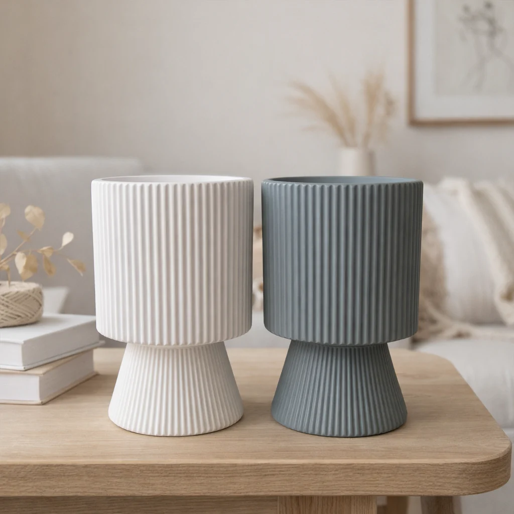 Tall Ribbed Ceramic Planter Pot with Pedestal Base - Image 6