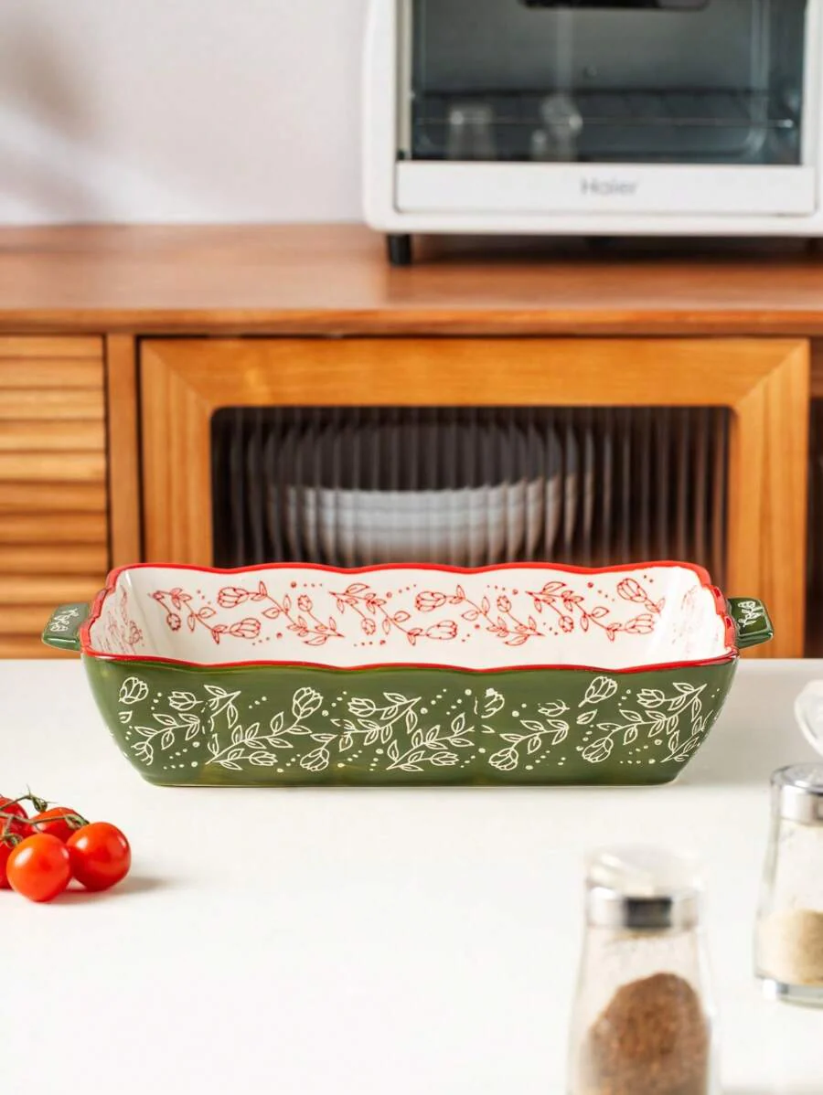 Floral Ceramic Rectangular Bakeware Dish with Handles - Image 10