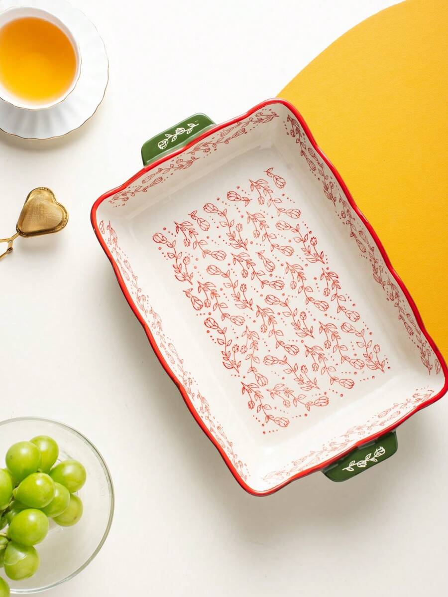 Floral Ceramic Rectangular Bakeware Dish with Handles - Image 13
