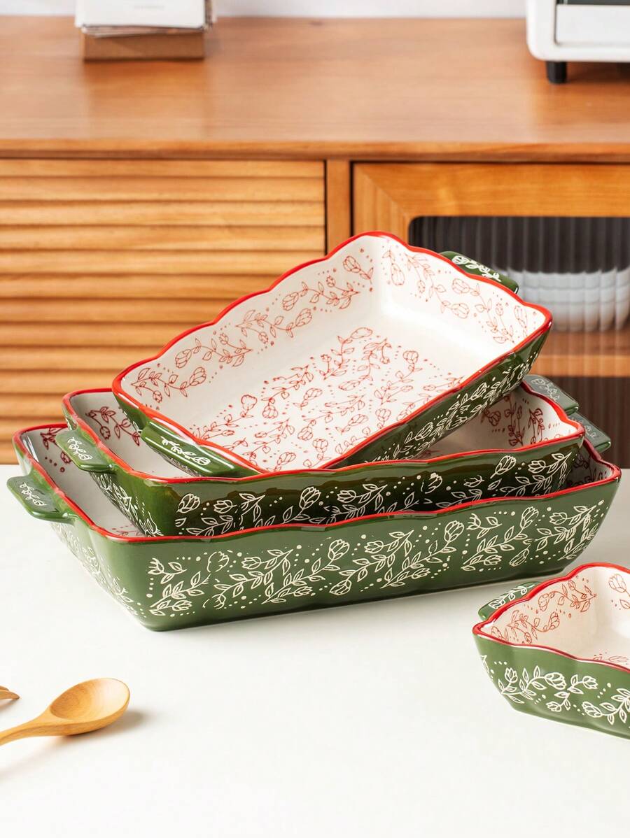 Floral Ceramic Rectangular Bakeware Dish with Handles - Image 2