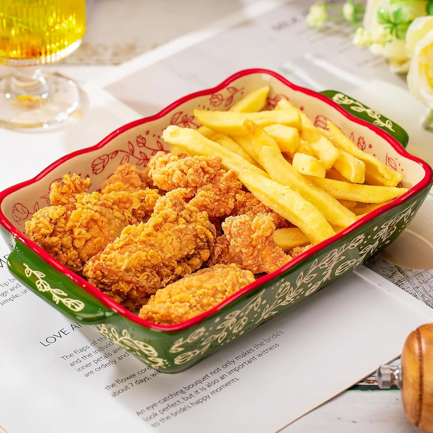 Floral Ceramic Rectangular Bakeware Dish with Handles - Image 4