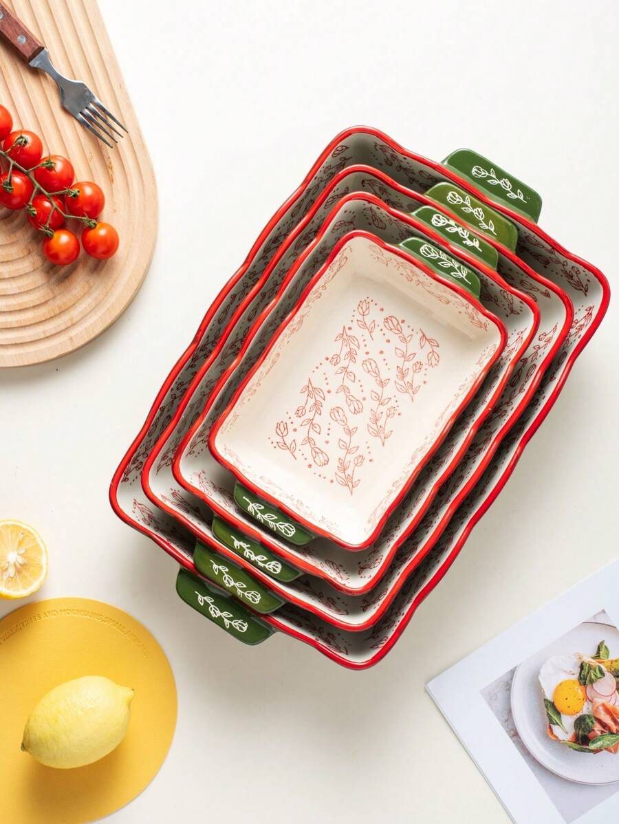 Floral Ceramic Rectangular Bakeware Dish with Handles - Image 5