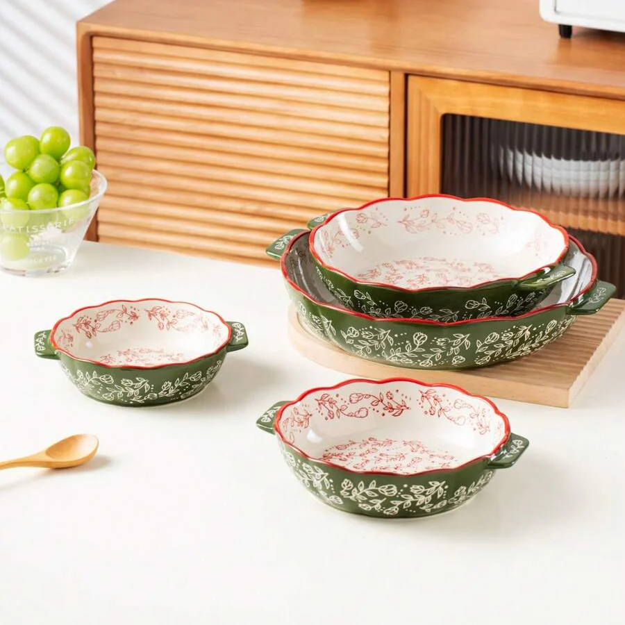 Floral Ceramic Round Bakeware Dish with Handles - Image 2