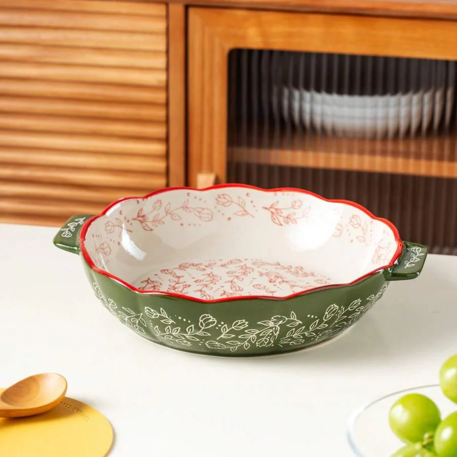 Floral Ceramic Round Bakeware Dish with Handles - Image 3