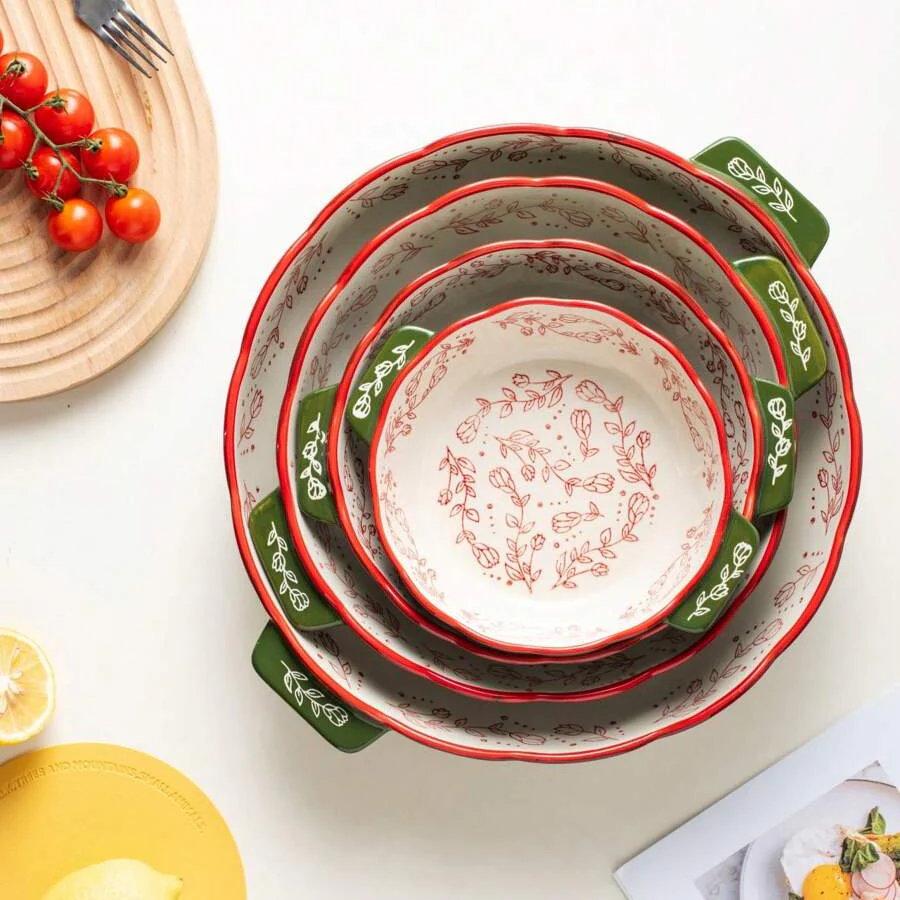 Floral Ceramic Round Bakeware Dish with Handles - Image 4
