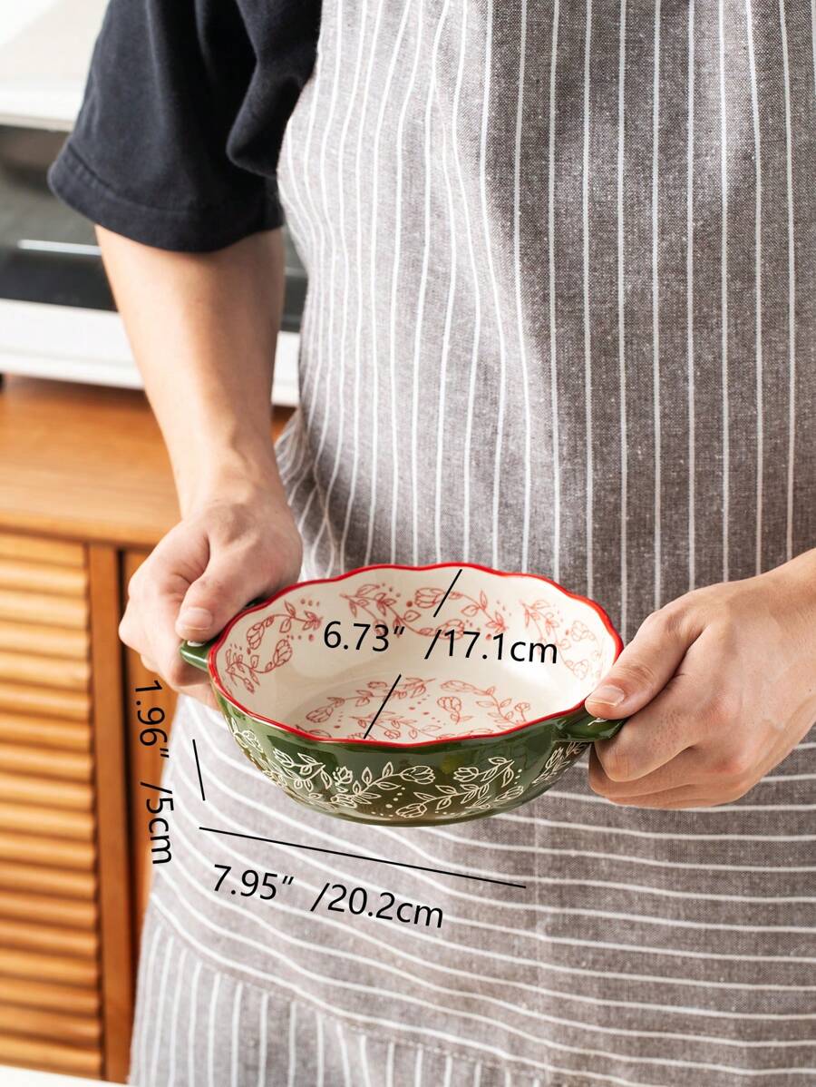 Floral Ceramic Round Bakeware Dish with Handles - Image 5