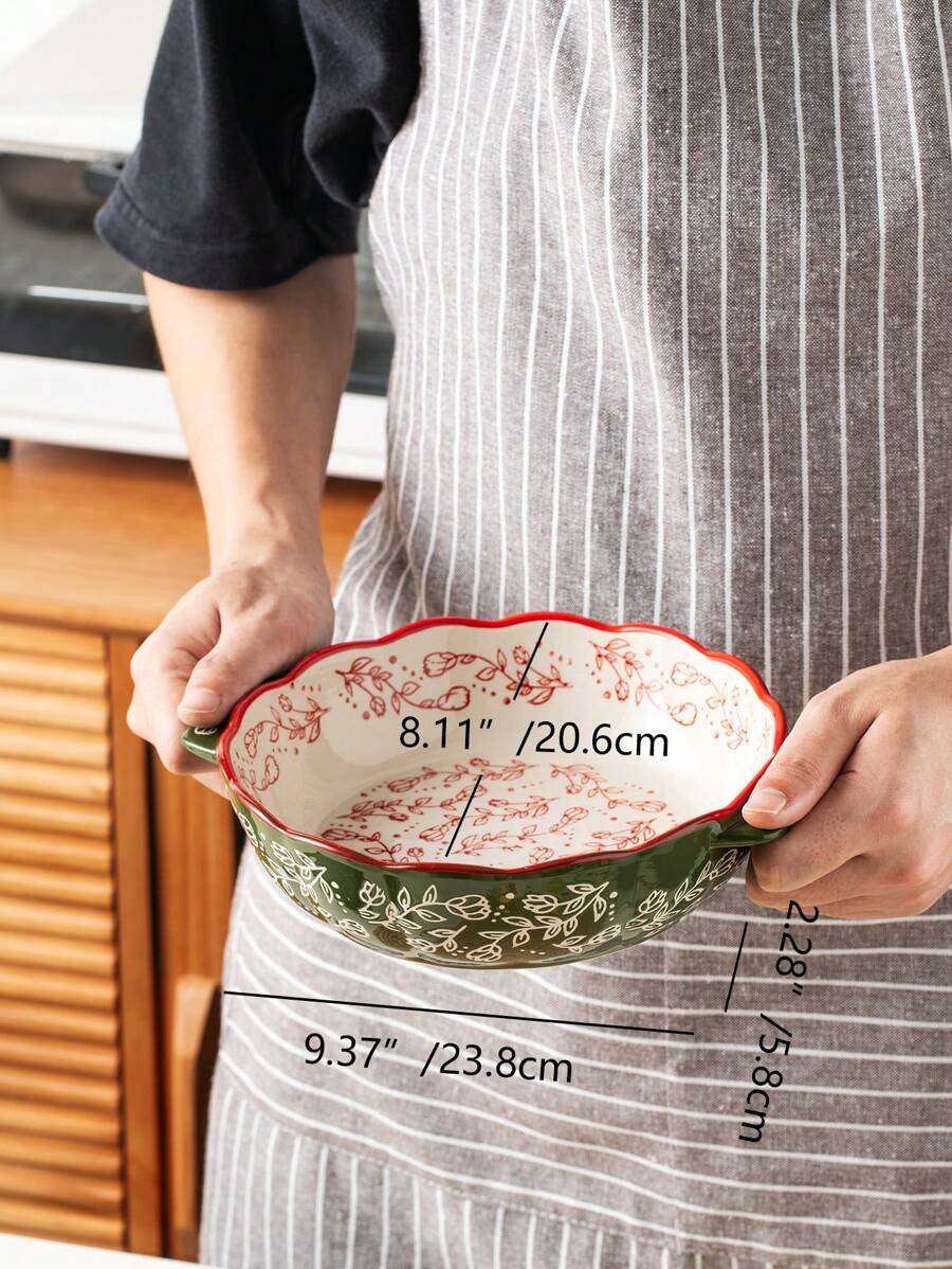 Floral Ceramic Round Bakeware Dish with Handles - Image 6