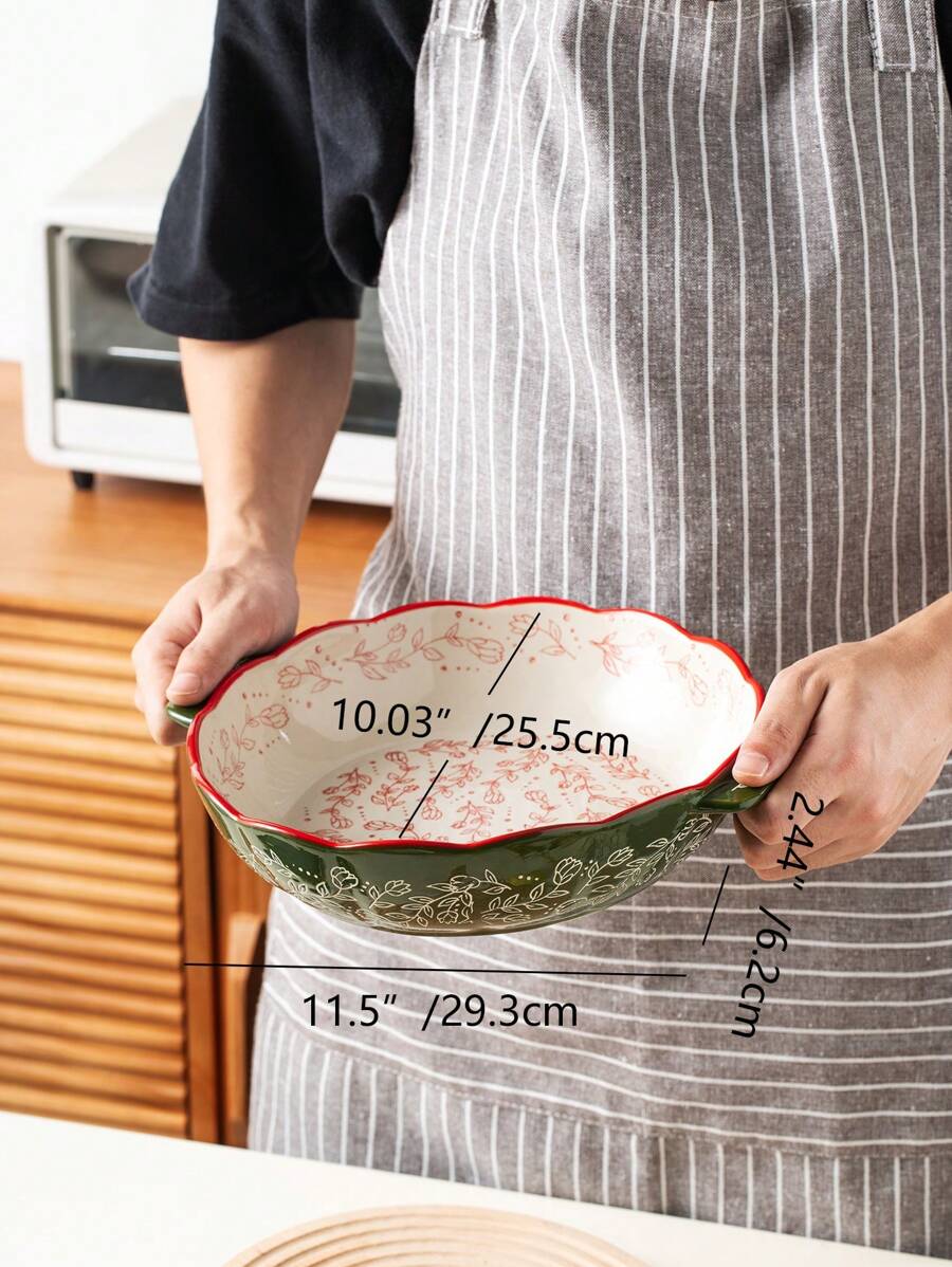 Floral Ceramic Round Bakeware Dish with Handles - Image 7