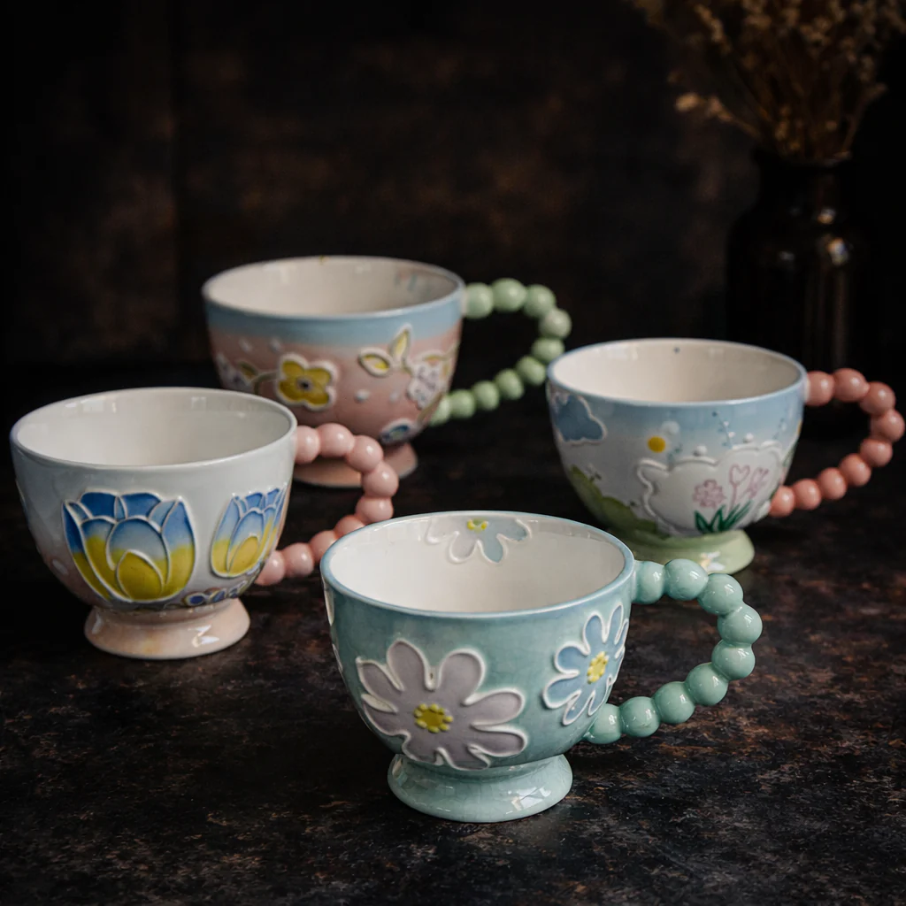 Pastel Floral Embossed Mug Beaded Handle (400ml) - Image 2