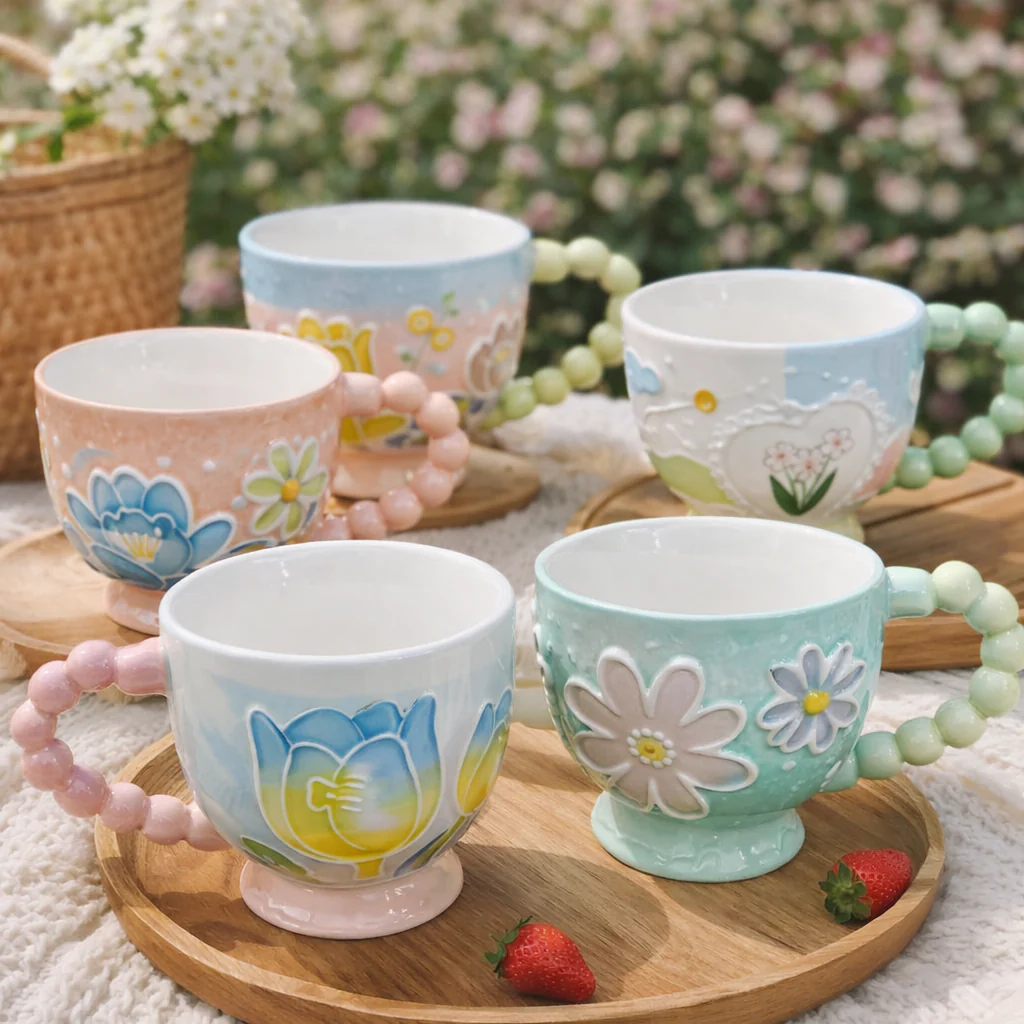 Pastel Floral Embossed Mug Beaded Handle (400ml) - Image 3