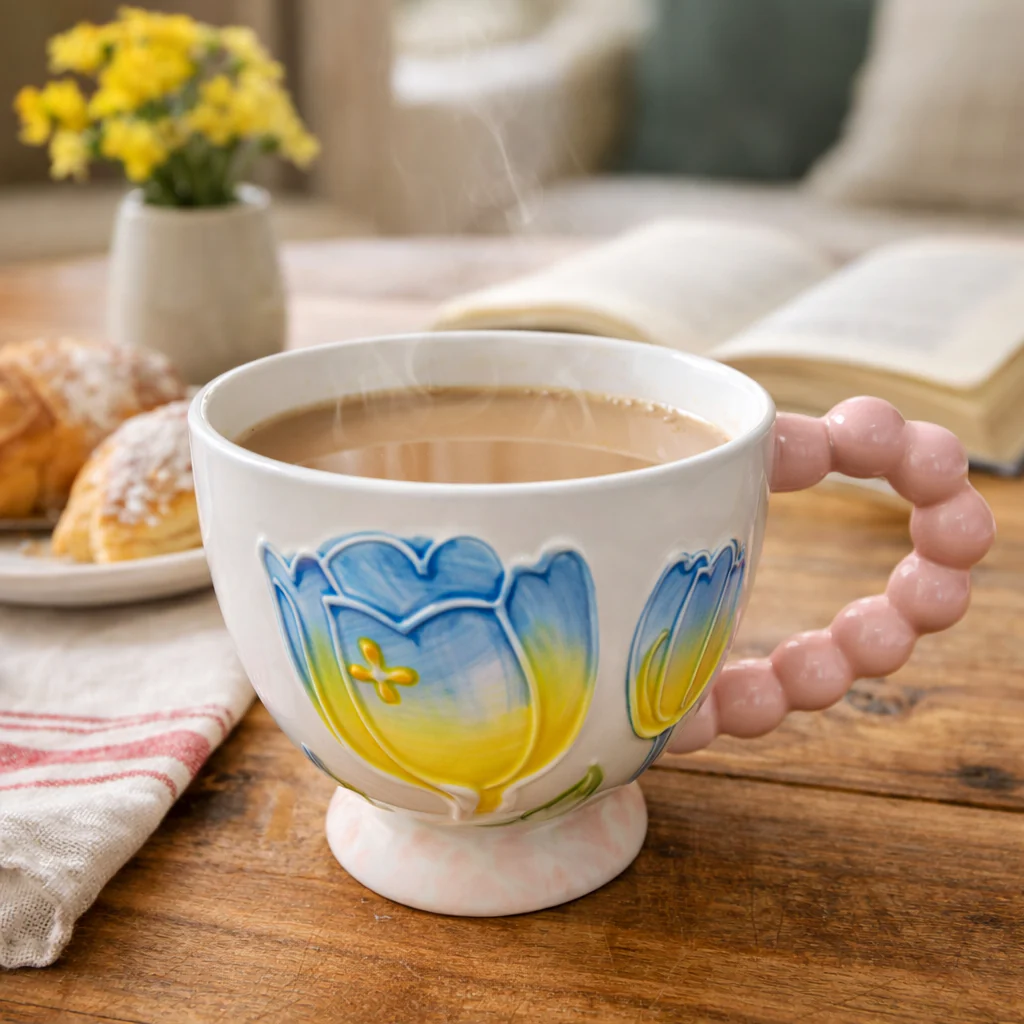 Pastel Floral Embossed Mug Beaded Handle (400ml) - Image 4
