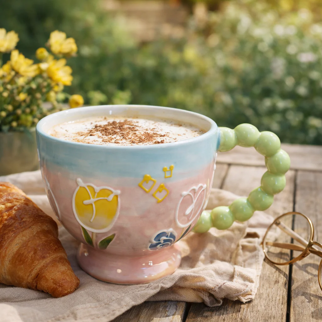 Pastel Floral Embossed Mug Beaded Handle (400ml) - Image 5