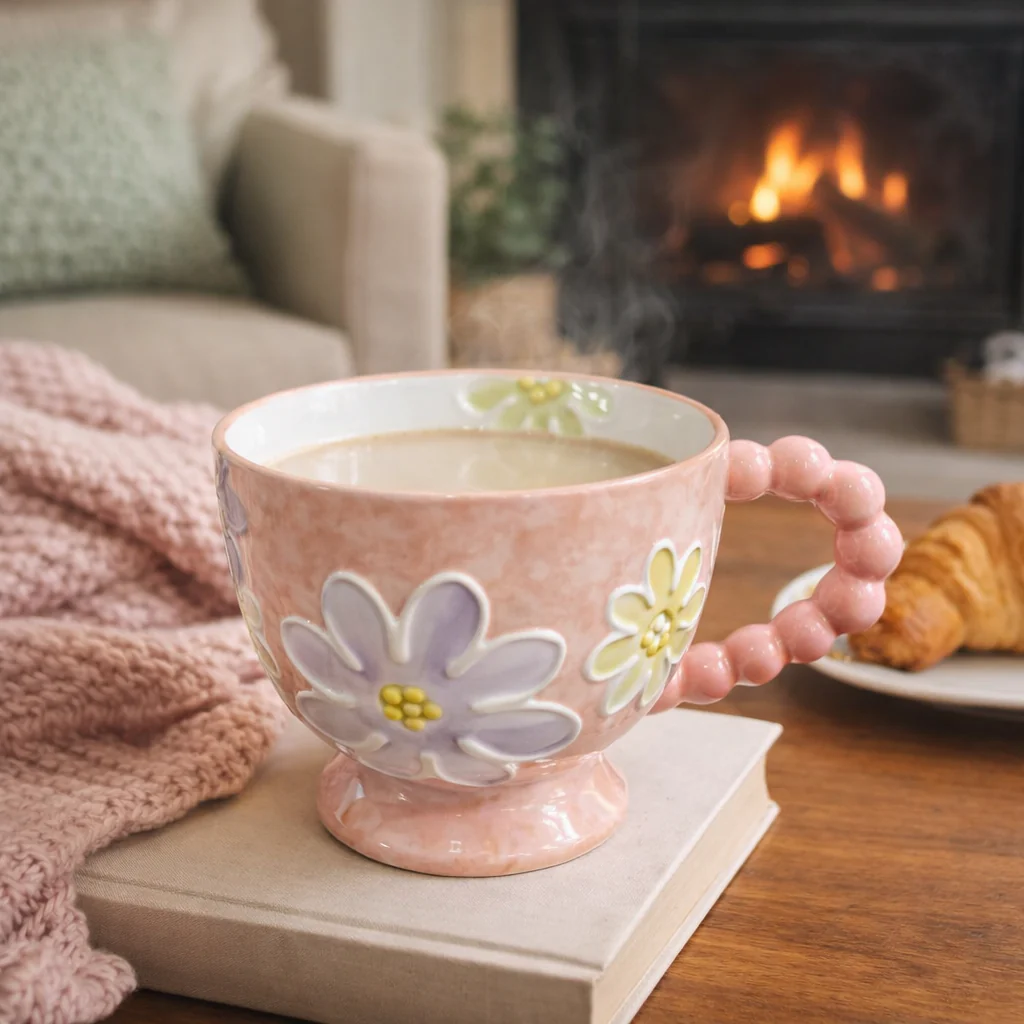 Pastel Floral Embossed Mug Beaded Handle (400ml) - Image 6