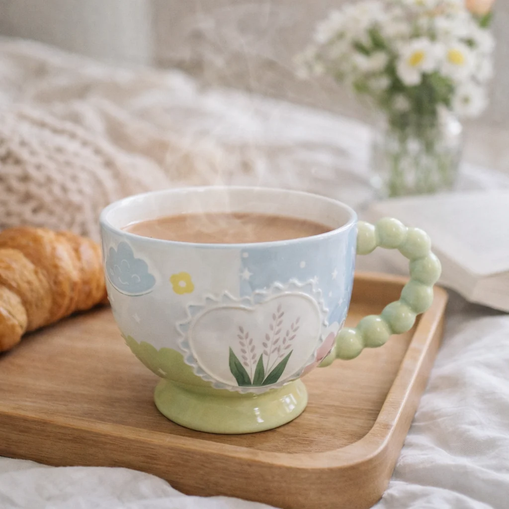 Pastel Floral Embossed Mug Beaded Handle (400ml) - Image 7