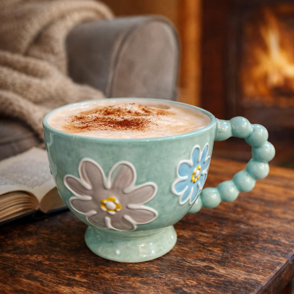 Pastel Floral Embossed Mug Beaded Handle (400ml) - Image 8