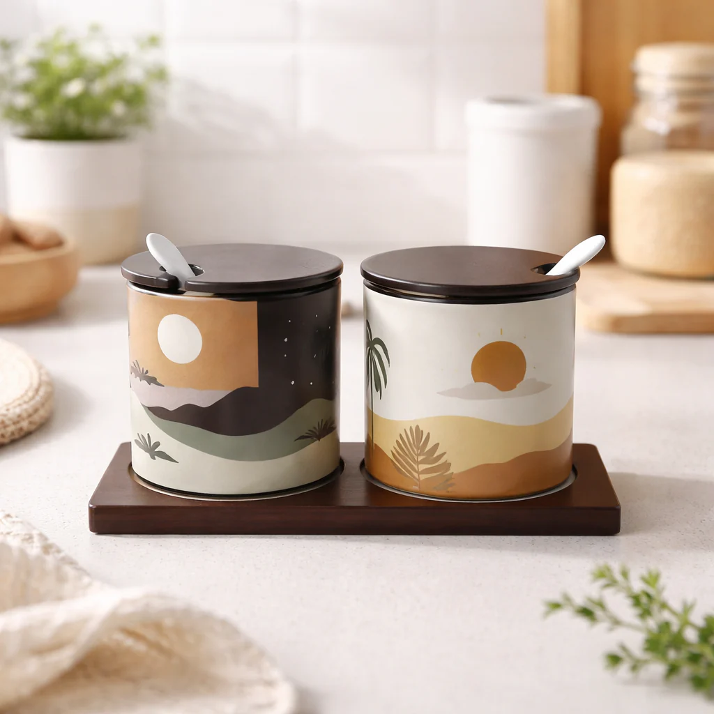 Modern Desert Print Seasoning Jars with Ceramic Spoons (2pcs) - Image 3
