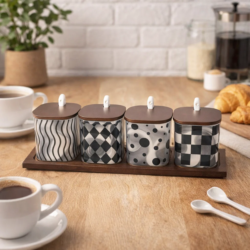 Black & White Pattern Seasoning Jars with Ceramic Spoons (4pcs) - Image 2
