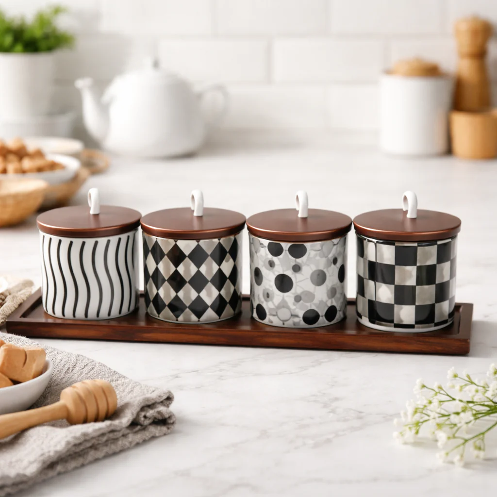 Black & White Pattern Seasoning Jars with Ceramic Spoons (4pcs) - Image 3