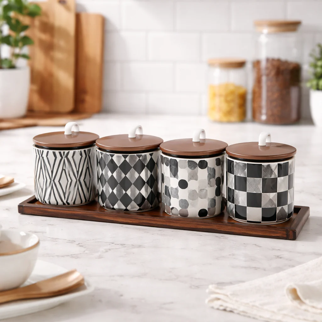 Black & White Pattern Seasoning Jars with Ceramic Spoons (4pcs) - Image 4