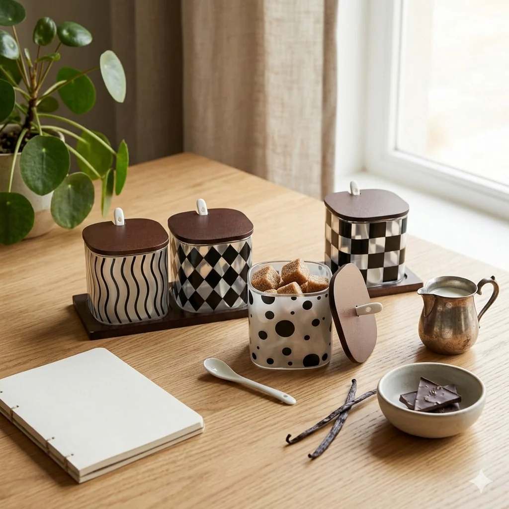 Black & White Pattern Seasoning Jars with Ceramic Spoons (4pcs) - Image 5