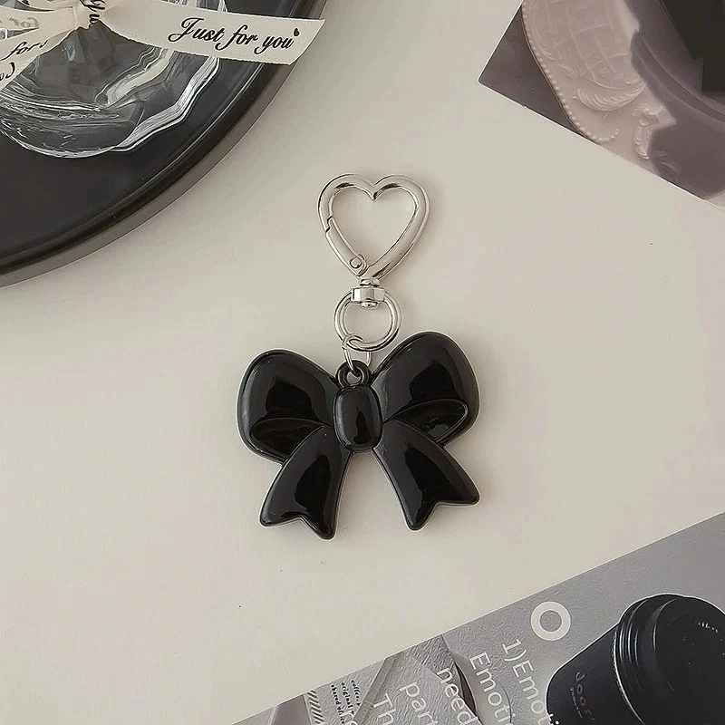 Handmade Glossy Black Bow Keychain with Heart Clasp - Image 2
