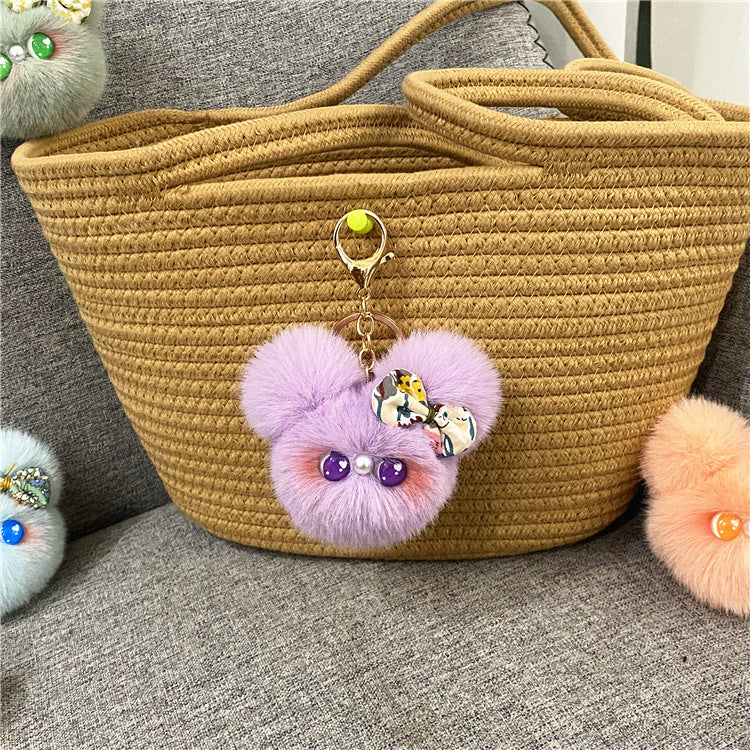 Handmade Plush Mouse-Shape Fur Keychain with Decorative Bow - Image 3