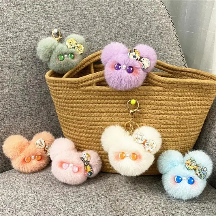Handmade Plush Mouse-Shape Fur Keychain with Decorative Bow - Image 4