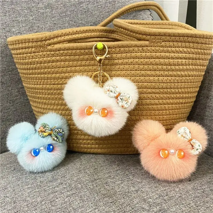 Handmade Plush Mouse-Shape Fur Keychain with Decorative Bow - Image 5