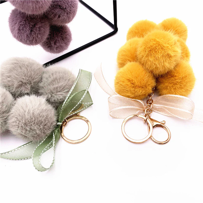 Handmade Pom-Pom Cluster Keychain with Ribbon Bow - Image 5