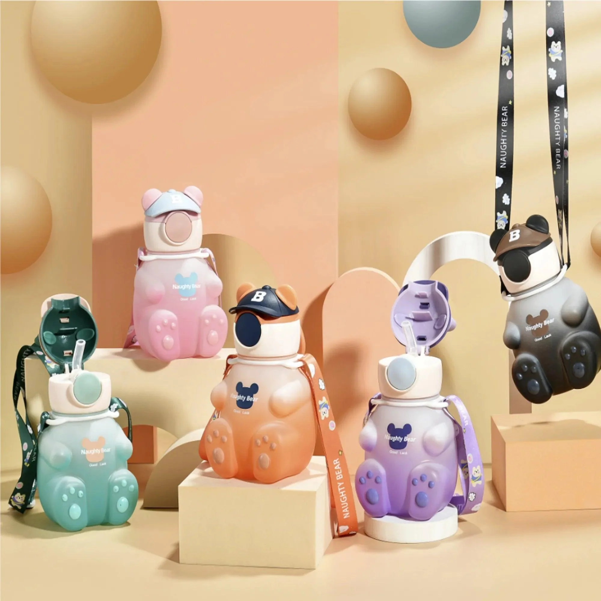Cute Bear-Shaped Kids' Water Bottle with Straw and Strap - 750ml - Image 10