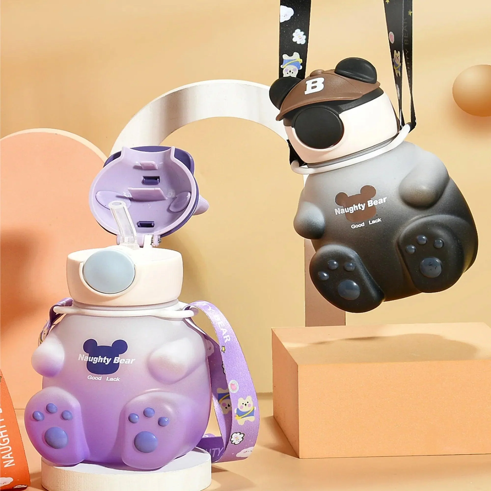 Cute Bear-Shaped Kids' Water Bottle with Straw and Strap - 750ml - Image 11