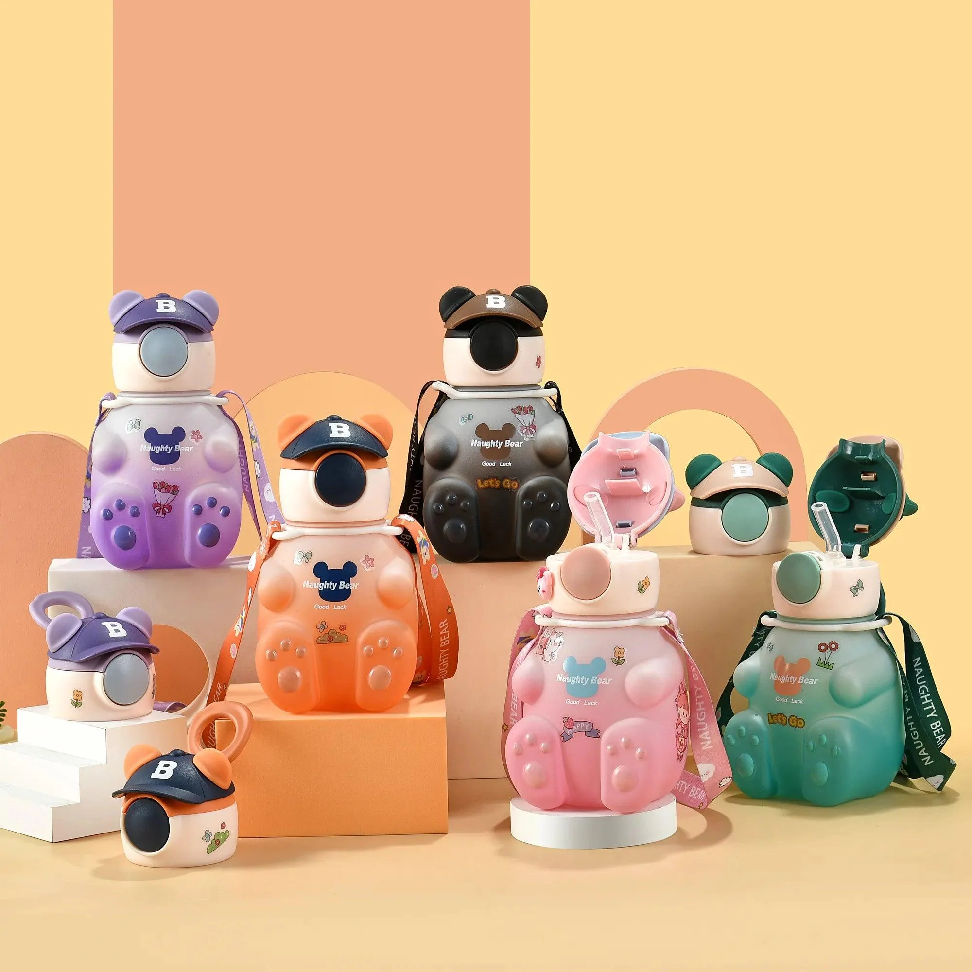Cute Bear-Shaped Kids' Water Bottle with Straw and Strap - 750ml - Image 9