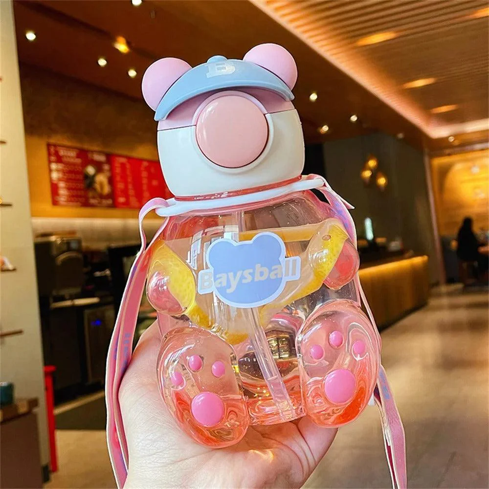Bear-Shaped Transparent Kids' Water Bottle with Straw and Strap - 750ml - Image 4