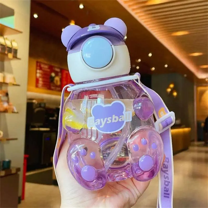 Bear-Shaped Transparent Kids' Water Bottle with Straw and Strap - 750ml - Image 5