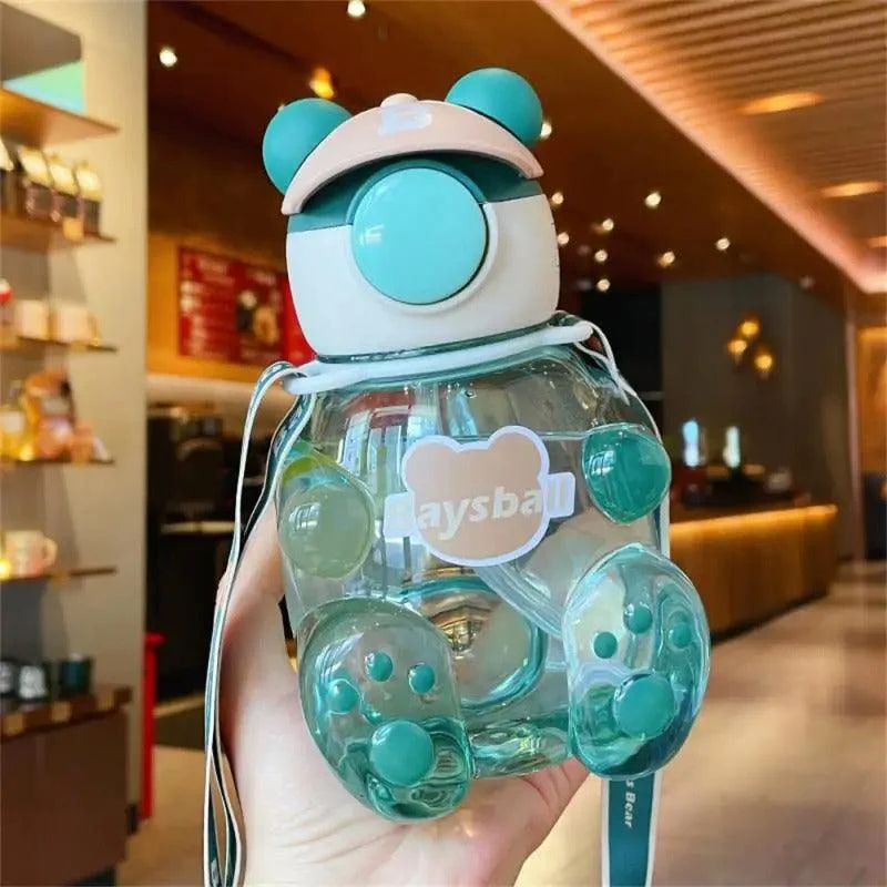 Bear-Shaped Transparent Kids' Water Bottle with Straw and Strap - 750ml - Image 7
